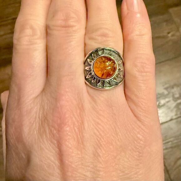 Genuine Baltic Honey Amber Sun Sterling Silver Boho Ring Size 5.5 New - Picture 3 of 7